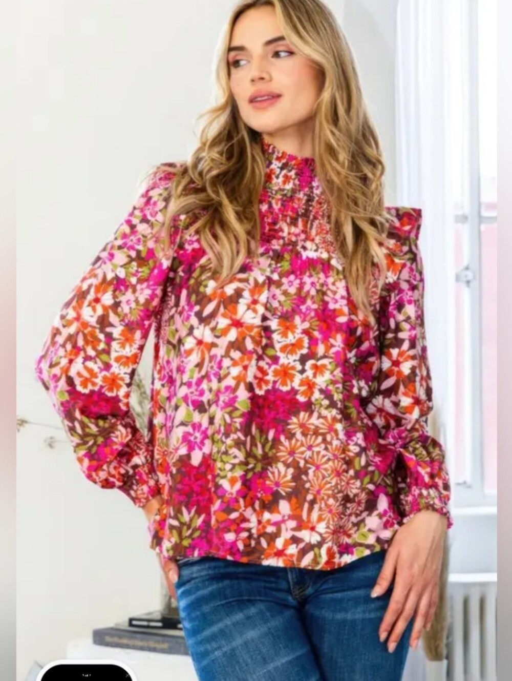 Floral Ruffle YOKE High-Neck Blouse - Pink Multi - Picture 3 of 6